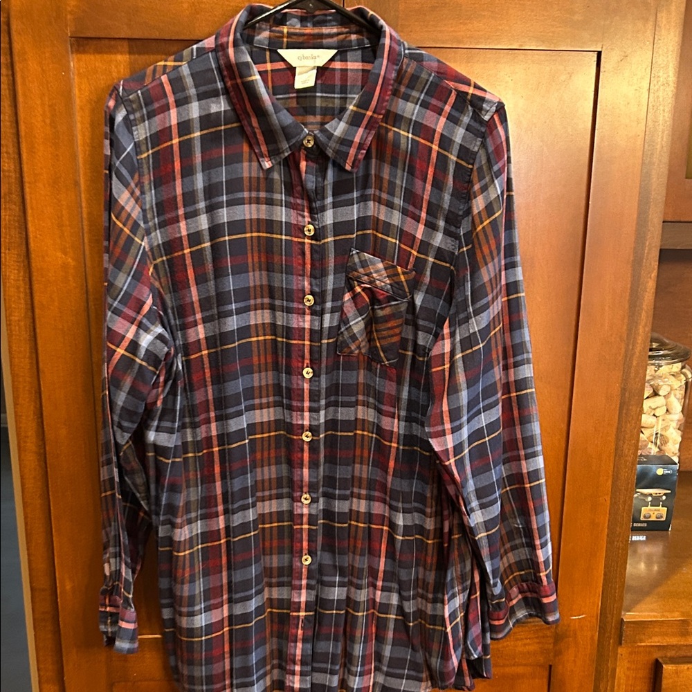 Coldwater Creek Navy and Red Plaid Blouse